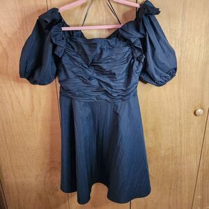 Prabal Gurung Black Off Shoulder Ruched Bodice Fit Flare Knee Length Dress Sz14
